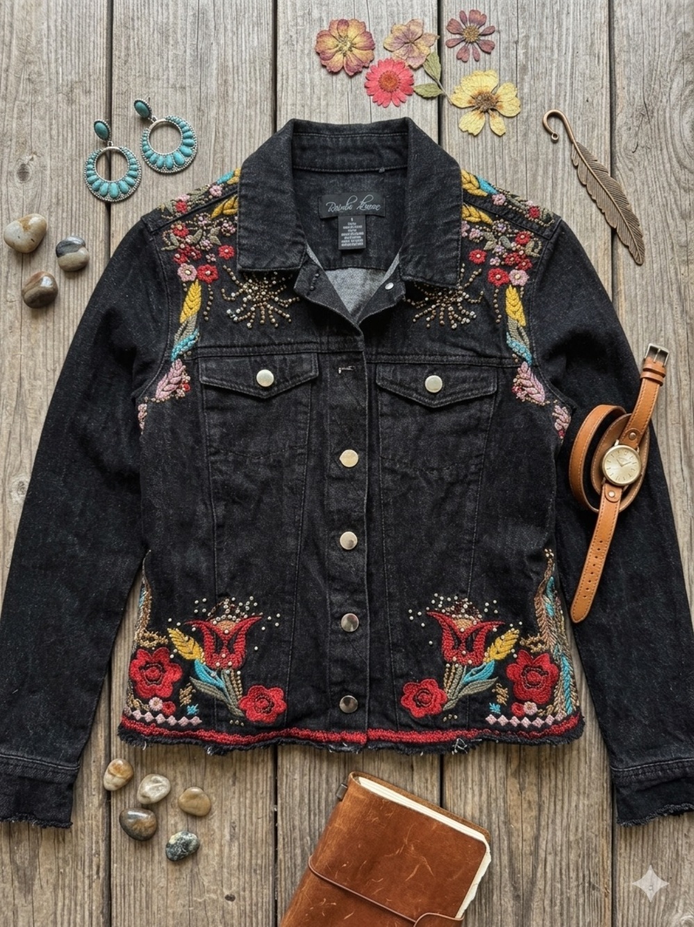 Boho Embroidered & Beaded Black Denim Jacket